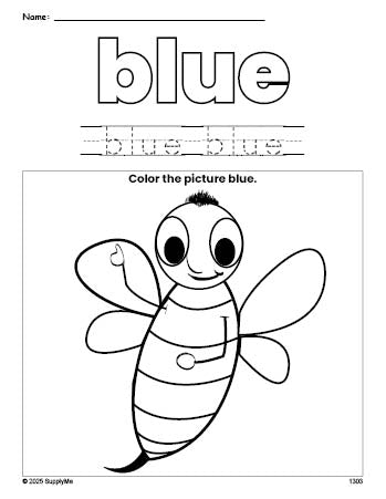 Free bee color blue coloring page and color worksheet, blue worksheet for preschoolers to learn colors, printable PDF