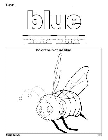 Free bee color blue coloring page and color worksheet, blue worksheet for preschoolers to learn colors, printable PDF