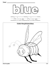 Free bee color blue coloring page and color worksheet, blue worksheet for preschoolers to learn colors, printable PDF