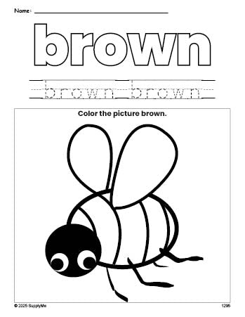 Free bee color brown coloring page and color worksheet, brown worksheet for preschoolers to learn colors, printable PDF