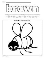 Free bee color brown coloring page and color worksheet, brown worksheet for preschoolers to learn colors, printable PDF