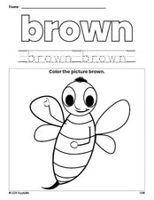 Free bee color brown coloring page and color worksheet, brown worksheet for preschoolers to learn colors, printable PDF