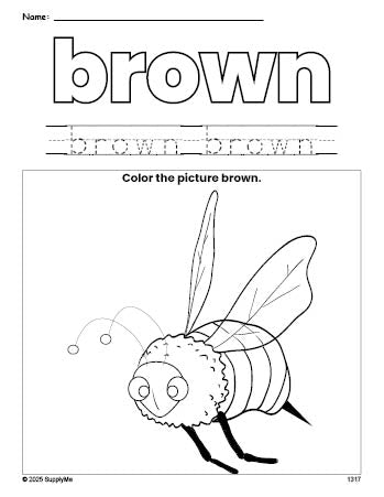 Free bee color brown coloring page and color worksheet, brown worksheet for preschoolers to learn colors, printable PDF