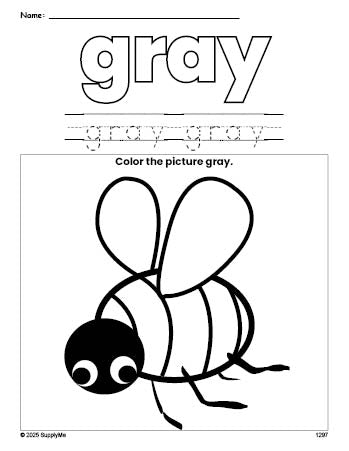 Free bee color gray coloring page and color worksheet, gray worksheet for preschoolers to learn colors, printable PDF