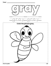 Free bee color gray coloring page and color worksheet, gray worksheet for preschoolers to learn colors, printable PDF