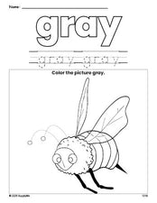 Free bee color gray coloring page and color worksheet, gray worksheet for preschoolers to learn colors, printable PDF