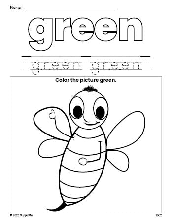 Free bee color green coloring page and color worksheet, green worksheet for preschoolers to learn colors, printable PDF