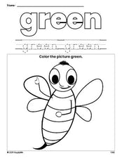 Free bee color green coloring page and color worksheet, green worksheet for preschoolers to learn colors, printable PDF