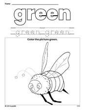 Free bee color green coloring page and color worksheet, green worksheet for preschoolers to learn colors, printable PDF