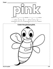 Free bee color pink coloring page and color worksheet, pink worksheet for preschoolers to learn colors, printable PDF