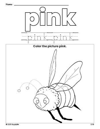 Free bee color pink coloring page and color worksheet, pink worksheet for preschoolers to learn colors, printable PDF