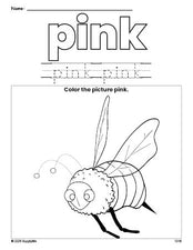 Free bee color pink coloring page and color worksheet, pink worksheet for preschoolers to learn colors, printable PDF