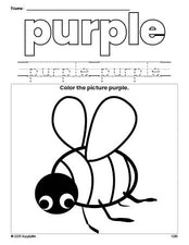 Free bee color purple coloring page and color worksheet, purple worksheet for preschoolers to learn colors, printable PDF