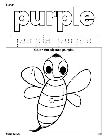 Free bee color purple coloring page and color worksheet, purple worksheet for preschoolers to learn colors, printable PDF