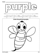 Free bee color purple coloring page and color worksheet, purple worksheet for preschoolers to learn colors, printable PDF