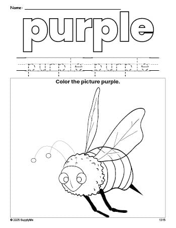 Free bee color purple coloring page and color worksheet, purple worksheet for preschoolers to learn colors, printable PDF