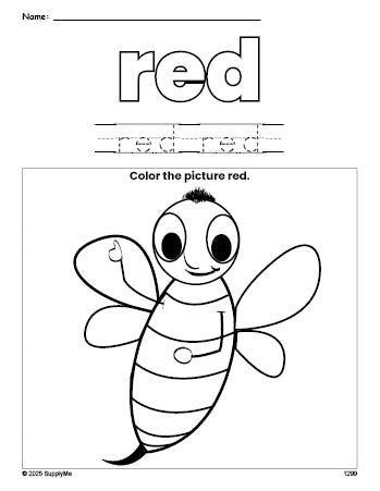 Free bee color red coloring page and color worksheet, red worksheet for preschoolers to learn colors, printable PDF