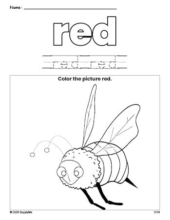 Free bee color red coloring page and color worksheet, red worksheet for preschoolers to learn colors, printable PDF