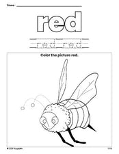 Free bee color red coloring page and color worksheet, red worksheet for preschoolers to learn colors, printable PDF