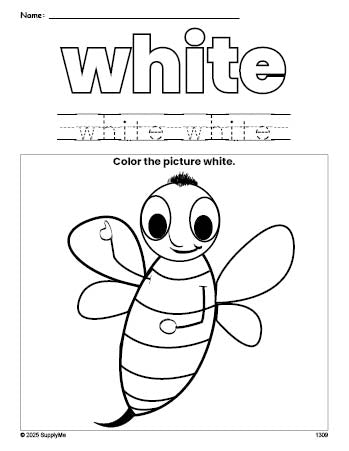 Free bee color white coloring page and color worksheet, white worksheet for preschoolers to learn colors, printable PDF