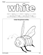 Free bee color white coloring page and color worksheet, white worksheet for preschoolers to learn colors, printable PDF