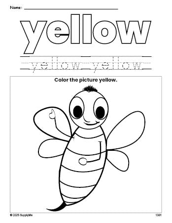 Free bee color yellow coloring page and color worksheet, yellow worksheet for preschoolers to learn colors, printable PDF