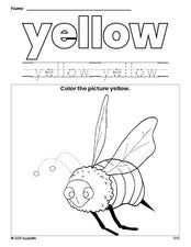 Free bee color yellow coloring page and color worksheet, yellow worksheet for preschoolers to learn colors, printable PDF