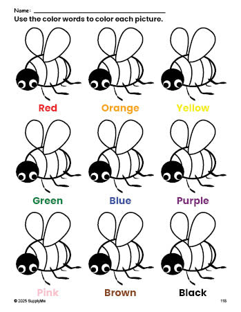 Free bee coloring page and color worksheet for preschoolers to learn colors, printable PDF