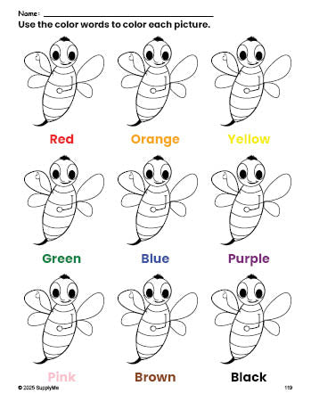 Free bee coloring page and color worksheet for preschoolers to learn colors, printable PDF