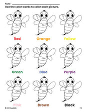 Free bee coloring page and color worksheet for preschoolers to learn colors, printable PDF