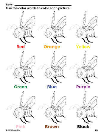 Free bee coloring page and color worksheet for preschoolers to learn colors, printable PDF