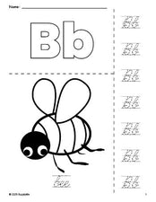 Free printable bee coloring page and cursive letter tracing worksheet, letter b worksheet for preschool, pre-k, and kindergarten, PDF