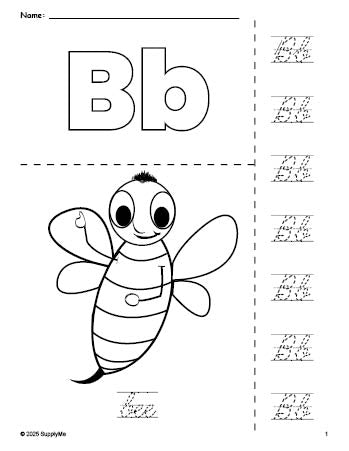 Free printable bee coloring page and cursive letter tracing worksheet, letter b worksheet for preschool, pre-k, and kindergarten, PDF