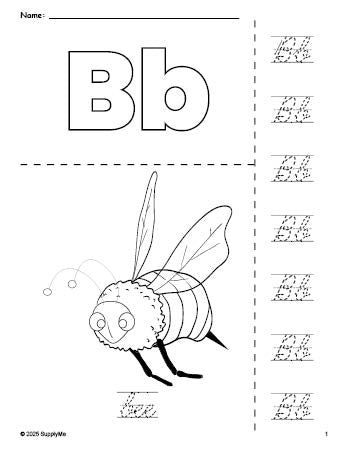 Free printable bee coloring page and cursive letter tracing worksheet, letter b worksheet for preschool, pre-k, and kindergarten, PDF