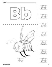 Free printable bee coloring page and cursive letter tracing worksheet, letter b worksheet for preschool, pre-k, and kindergarten, PDF