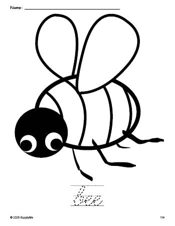 Free printable bee coloring page and cursive word tracing worksheet, perfect for preschool, pre-k, and kindergarten, PDF