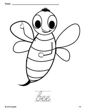 Free printable bee coloring page and cursive word tracing worksheet, perfect for preschool, pre-k, and kindergarten, PDF