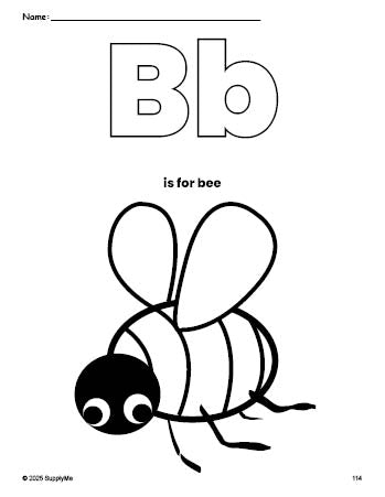 Free printable bee coloring page, letter b coloring page for preschool, pre-k, and kindergarten, PDF