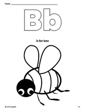 Free printable bee coloring page, letter b coloring page for preschool, pre-k, and kindergarten, PDF