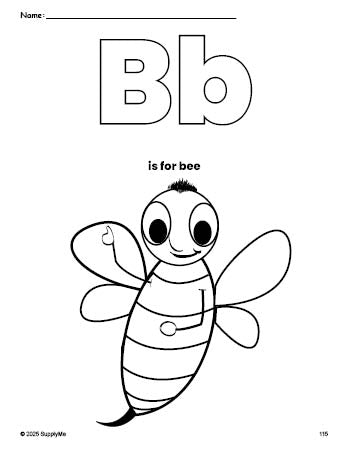 Free printable bee coloring page, letter b coloring page for preschool, pre-k, and kindergarten, PDF