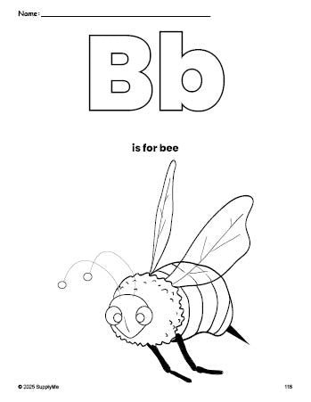 Free printable bee coloring page, letter b coloring page for preschool, pre-k, and kindergarten, PDF