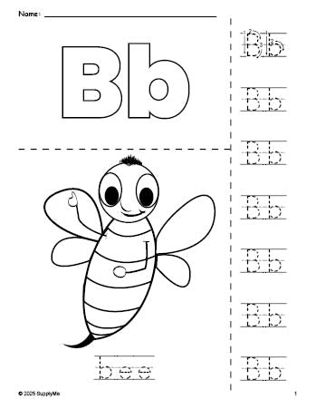 Free printable bee coloring page and letter tracing worksheet, letter b worksheet for preschool, pre-k, and kindergarten, PDF