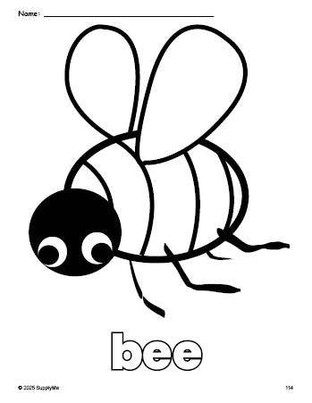 Free printable bee coloring page for preschool, pre-k, and kindergarten, PDF