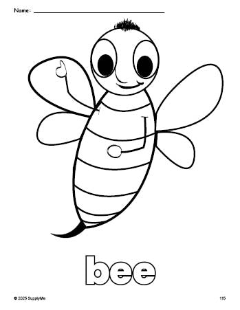 Free printable bee coloring page for preschool, pre-k, and kindergarten, PDF