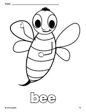 Free printable bee coloring page for preschool, pre-k, and kindergarten, PDF