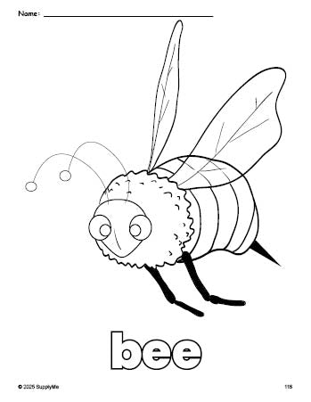 Free printable bee coloring page for preschool, pre-k, and kindergarten, PDF