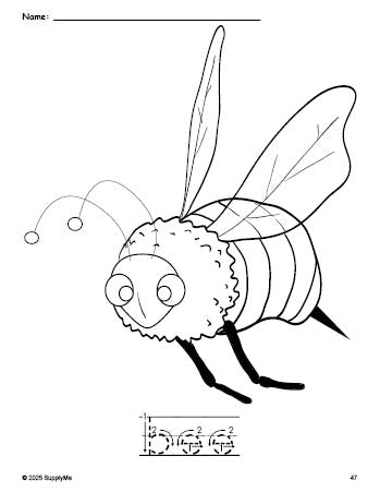 Free printable bee coloring page and word tracing worksheet, letter formation guides, perfect for preschool, pre-k, and kindergarten, PDF