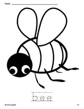 Free printable bee coloring page and word tracing worksheet, perfect for preschool, pre-k, and kindergarten, PDF