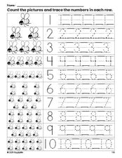 Free printable bee counting worksheet for preschool and pre-k with number tracing practice 1-10, PDF