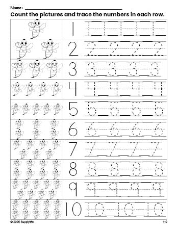 Free printable bee counting worksheet for preschool and pre-k with number tracing practice 1-10, PDF